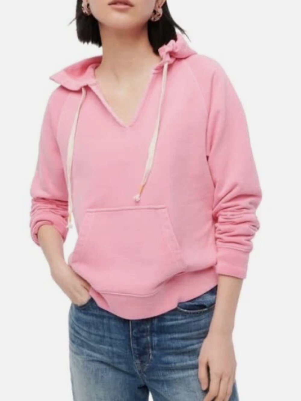 J. Crew Garment-dyed‎ V-neck hoodie in original cotton terry Larkspur Pink M